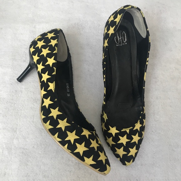 Black suede yellow stars pointy kitten heels pumps - Picture 2 of 5
